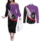 Personalised Aotearoa Lawn Bowls Couples Matching Off The Shoulder Long Sleeve Dress and Long Sleeve Button Shirt Maori and Silver Fern Sporty Style Purple Color - Aussie Hoodie