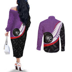 Personalised Aotearoa Lawn Bowls Couples Matching Off The Shoulder Long Sleeve Dress and Long Sleeve Button Shirt Maori and Silver Fern Sporty Style Purple Color - Aussie Hoodie