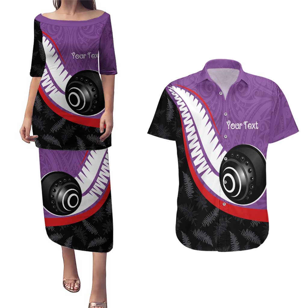Personalised Aotearoa Lawn Bowls Couples Matching Puletasi and Hawaiian Shirt Maori and Silver Fern Sporty Style Purple Color - Aussie Hoodie