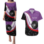 Personalised Aotearoa Lawn Bowls Couples Matching Puletasi and Hawaiian Shirt Maori and Silver Fern Sporty Style Purple Color - Aussie Hoodie