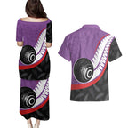 Personalised Aotearoa Lawn Bowls Couples Matching Puletasi and Hawaiian Shirt Maori and Silver Fern Sporty Style Purple Color - Aussie Hoodie