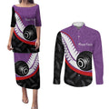 Personalised Aotearoa Lawn Bowls Couples Matching Puletasi and Long Sleeve Button Shirt Maori and Silver Fern Sporty Style Purple Color - Aussie Hoodie