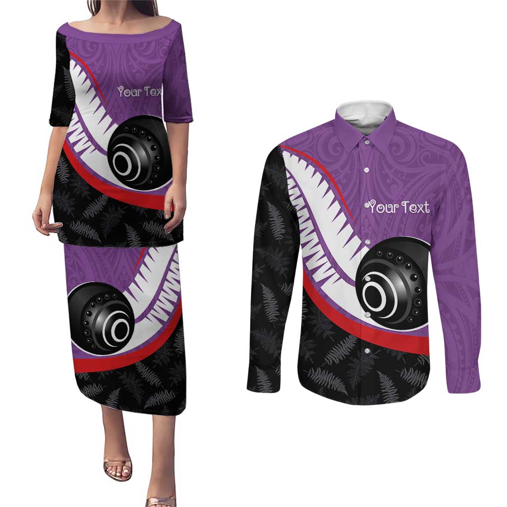 Personalised Aotearoa Lawn Bowls Couples Matching Puletasi and Long Sleeve Button Shirt Maori and Silver Fern Sporty Style Purple Color - Aussie Hoodie