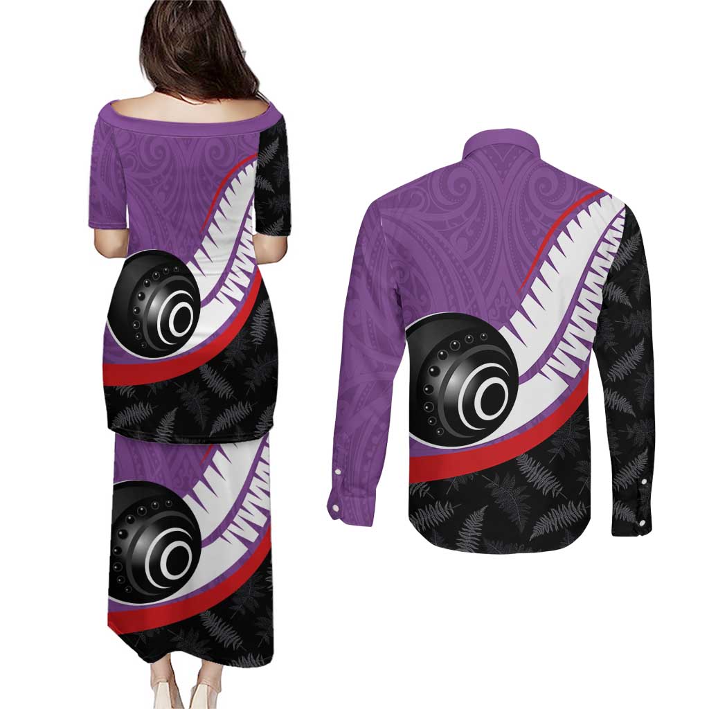 Personalised Aotearoa Lawn Bowls Couples Matching Puletasi and Long Sleeve Button Shirt Maori and Silver Fern Sporty Style Purple Color - Aussie Hoodie
