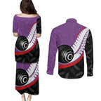 Personalised Aotearoa Lawn Bowls Couples Matching Puletasi and Long Sleeve Button Shirt Maori and Silver Fern Sporty Style Purple Color - Aussie Hoodie
