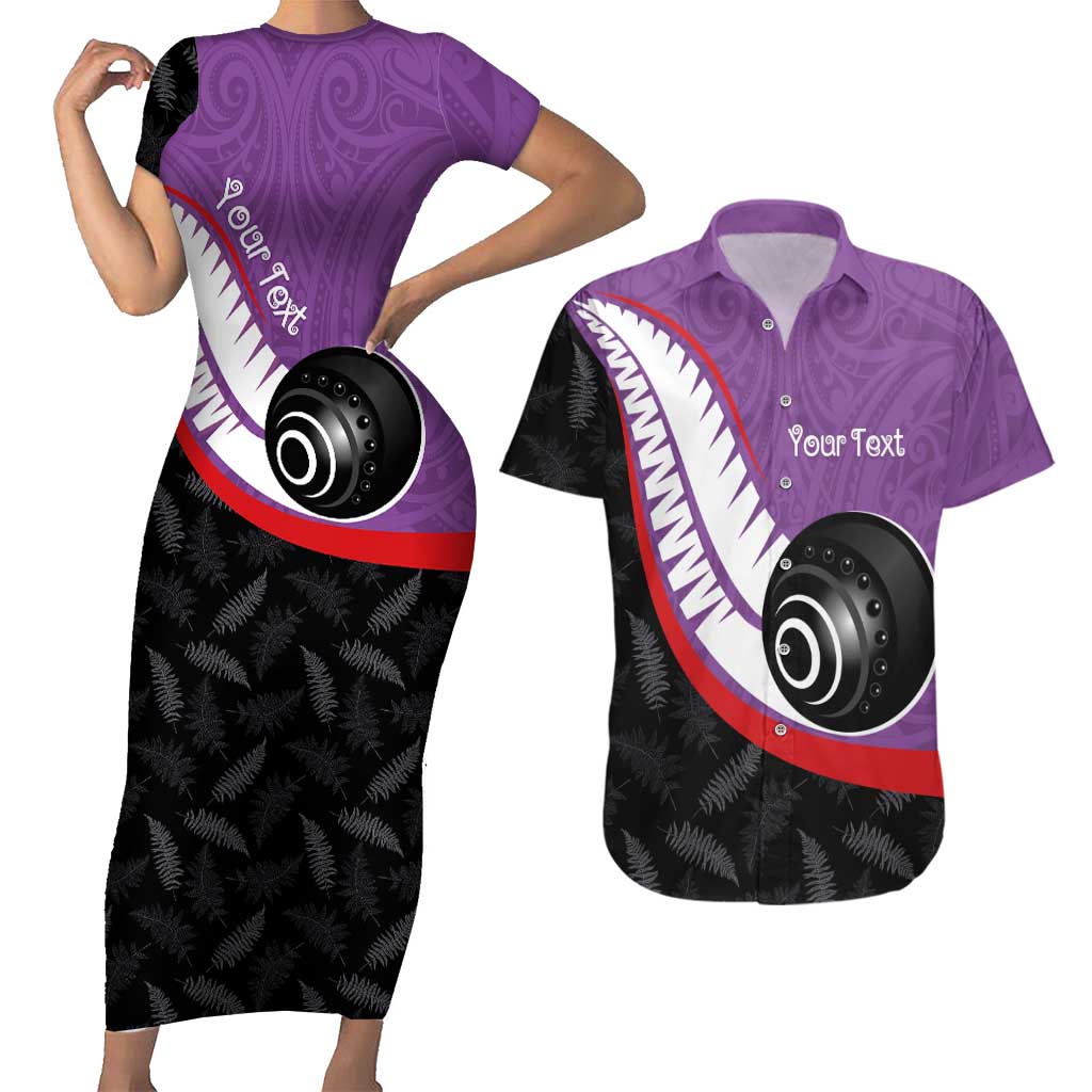 Personalised Aotearoa Lawn Bowls Couples Matching Short Sleeve Bodycon Dress and Hawaiian Shirt Maori and Silver Fern Sporty Style Purple Color - Aussie Hoodie