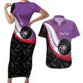 Personalised Aotearoa Lawn Bowls Couples Matching Short Sleeve Bodycon Dress and Hawaiian Shirt Maori and Silver Fern Sporty Style Purple Color - Aussie Hoodie