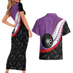 Personalised Aotearoa Lawn Bowls Couples Matching Short Sleeve Bodycon Dress and Hawaiian Shirt Maori and Silver Fern Sporty Style Purple Color - Aussie Hoodie
