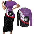 Personalised Aotearoa Lawn Bowls Couples Matching Short Sleeve Bodycon Dress and Long Sleeve Button Shirt Maori and Silver Fern Sporty Style Purple Color - Aussie Hoodie