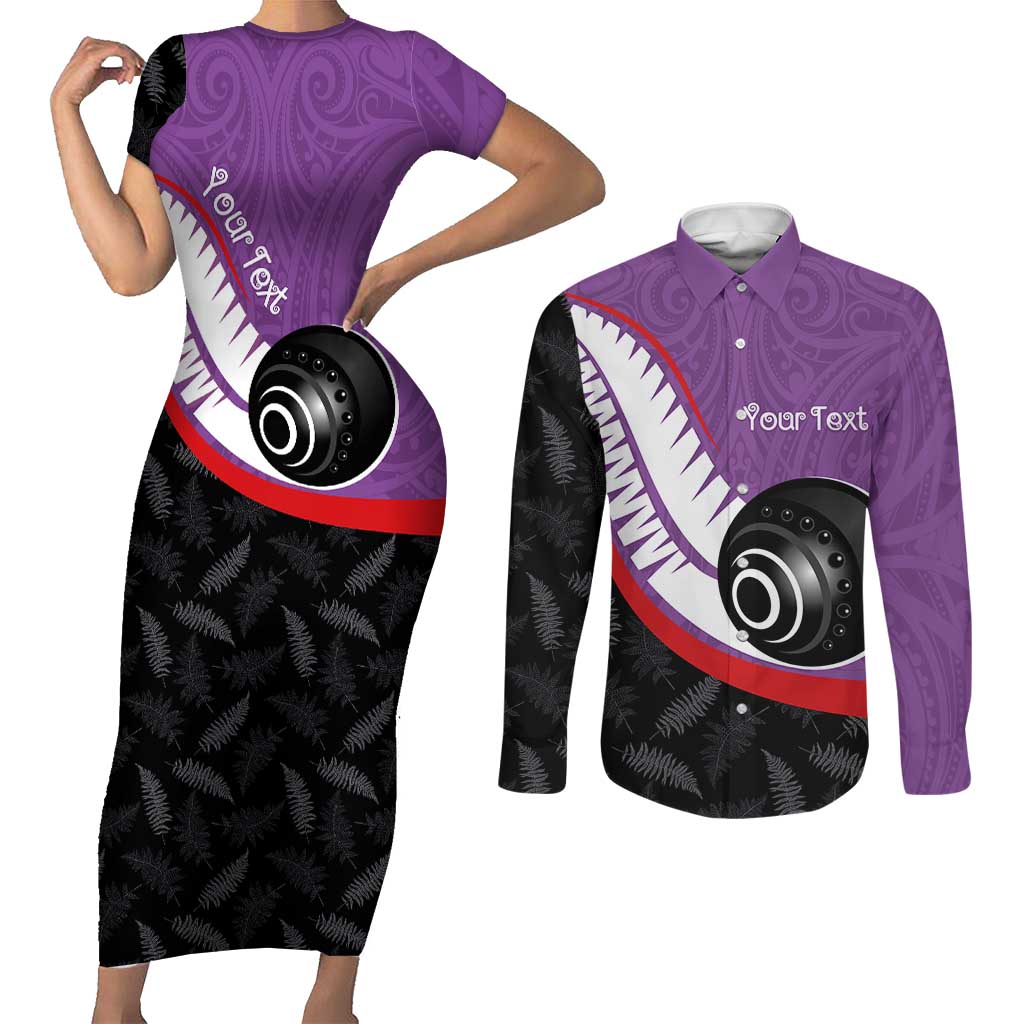 Personalised Aotearoa Lawn Bowls Couples Matching Short Sleeve Bodycon Dress and Long Sleeve Button Shirt Maori and Silver Fern Sporty Style Purple Color - Aussie Hoodie