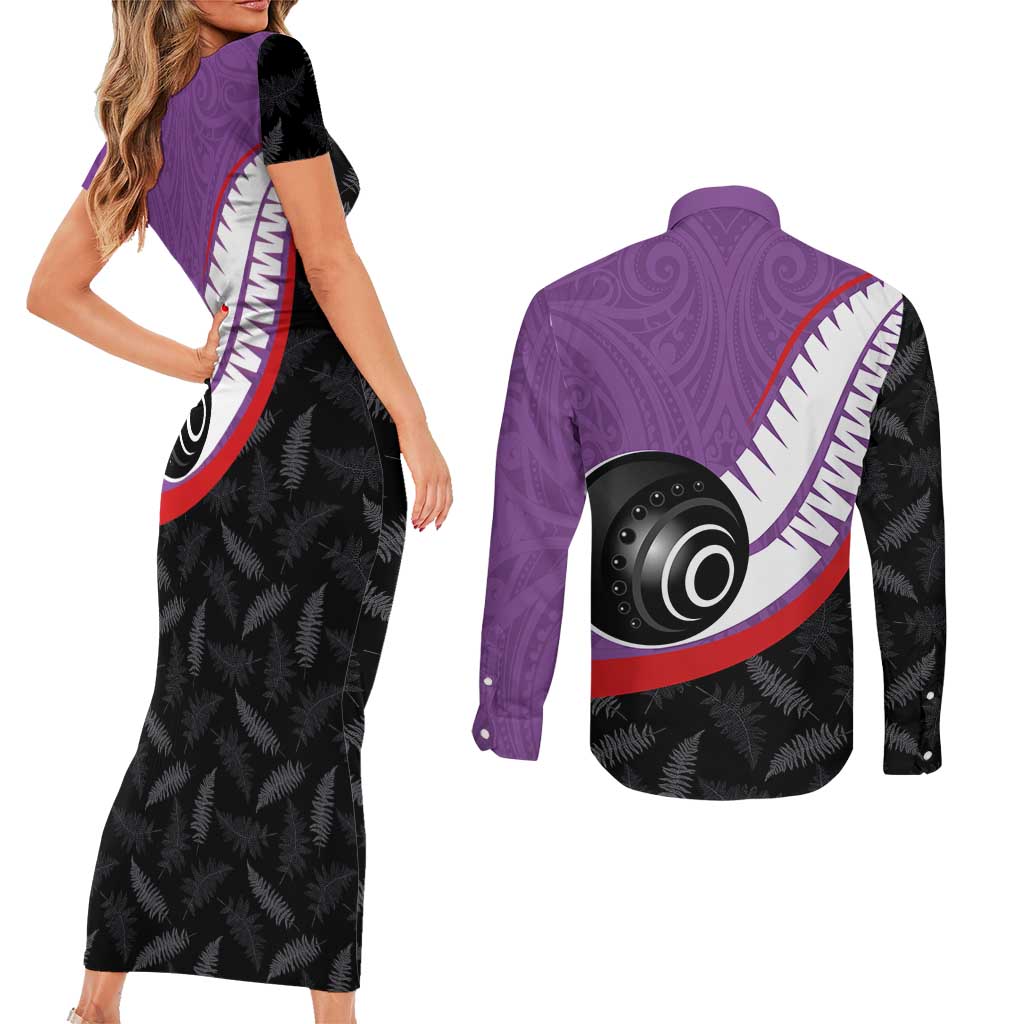 Personalised Aotearoa Lawn Bowls Couples Matching Short Sleeve Bodycon Dress and Long Sleeve Button Shirt Maori and Silver Fern Sporty Style Purple Color - Aussie Hoodie