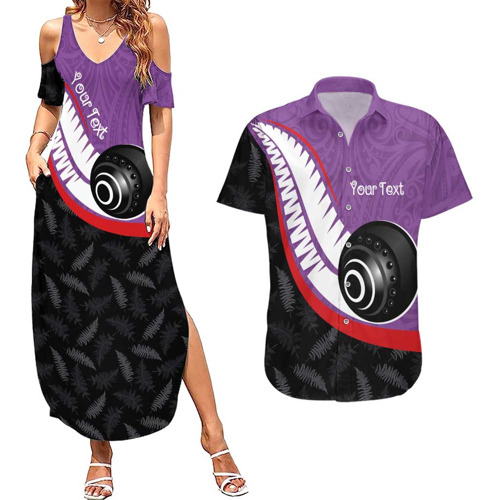Personalised Aotearoa Lawn Bowls Couples Matching Summer Maxi Dress and Hawaiian Shirt Maori and Silver Fern Sporty Style Purple Color - Aussie Hoodie