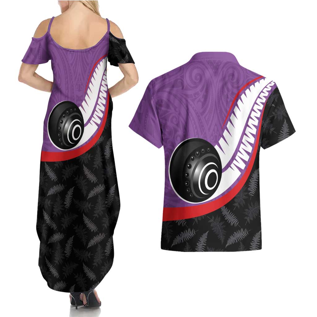 Personalised Aotearoa Lawn Bowls Couples Matching Summer Maxi Dress and Hawaiian Shirt Maori and Silver Fern Sporty Style Purple Color - Aussie Hoodie