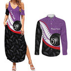 Personalised Aotearoa Lawn Bowls Couples Matching Summer Maxi Dress and Long Sleeve Button Shirt Maori and Silver Fern Sporty Style Purple Color - Aussie Hoodie