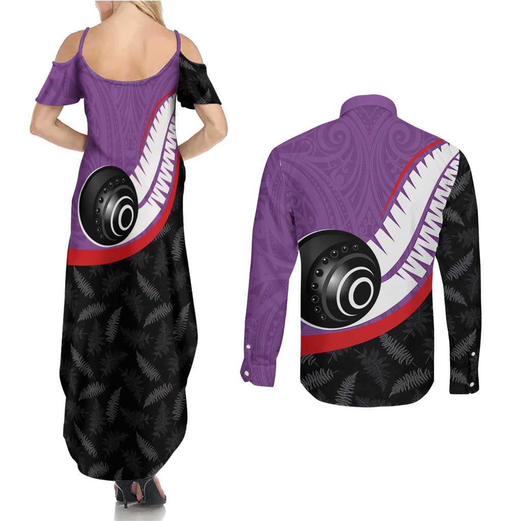 Personalised Aotearoa Lawn Bowls Couples Matching Summer Maxi Dress and Long Sleeve Button Shirt Maori and Silver Fern Sporty Style Purple Color - Aussie Hoodie