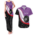 Personalised Aotearoa Lawn Bowls Couples Matching Tank Maxi Dress and Hawaiian Shirt Maori and Silver Fern Sporty Style Purple Color - Aussie Hoodie
