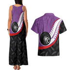 Personalised Aotearoa Lawn Bowls Couples Matching Tank Maxi Dress and Hawaiian Shirt Maori and Silver Fern Sporty Style Purple Color - Aussie Hoodie