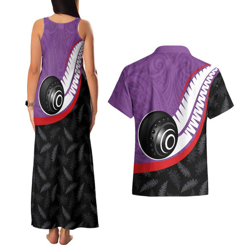 Personalised Aotearoa Lawn Bowls Couples Matching Tank Maxi Dress and Hawaiian Shirt Maori and Silver Fern Sporty Style Purple Color - Aussie Hoodie
