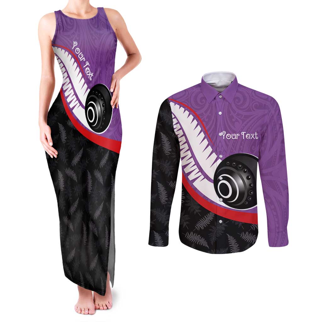 Personalised Aotearoa Lawn Bowls Couples Matching Tank Maxi Dress and Long Sleeve Button Shirt Maori and Silver Fern Sporty Style Purple Color - Aussie Hoodie