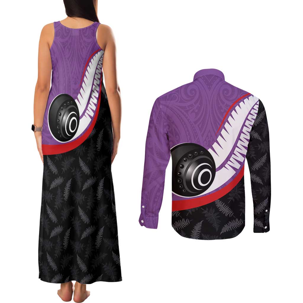 Personalised Aotearoa Lawn Bowls Couples Matching Tank Maxi Dress and Long Sleeve Button Shirt Maori and Silver Fern Sporty Style Purple Color - Aussie Hoodie