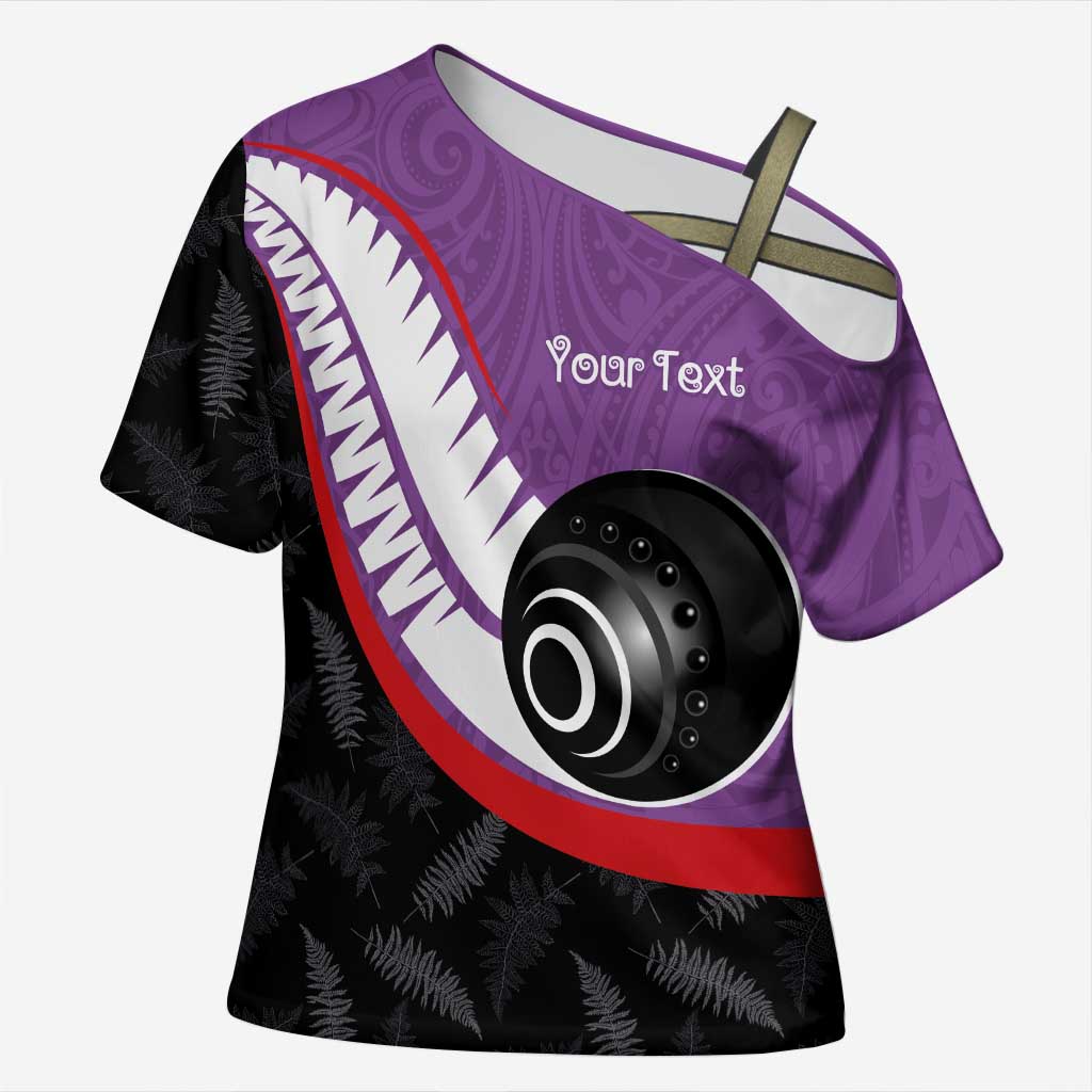 Personalised Aotearoa Lawn Bowls Cross Shoulder Shirt Maori and Silver Fern Sporty Style Purple Color - Aussie Hoodie
