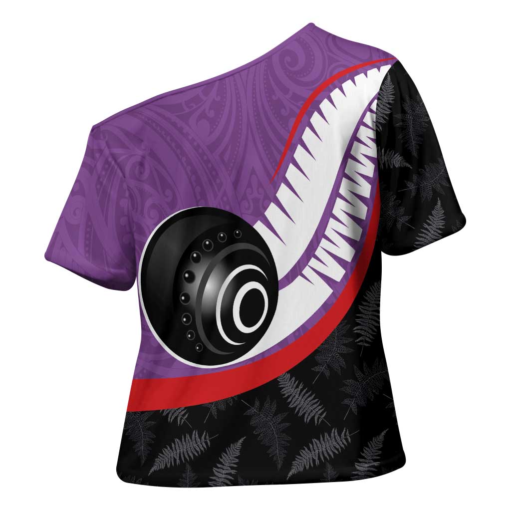 Personalised Aotearoa Lawn Bowls Cross Shoulder Shirt Maori and Silver Fern Sporty Style Purple Color - Aussie Hoodie
