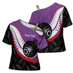 Personalised Aotearoa Lawn Bowls Cross Shoulder Shirt Maori and Silver Fern Sporty Style Purple Color - Aussie Hoodie