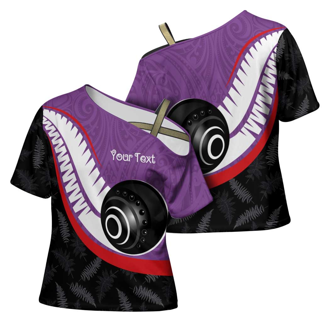 Personalised Aotearoa Lawn Bowls Cross Shoulder Shirt Maori and Silver Fern Sporty Style Purple Color - Aussie Hoodie