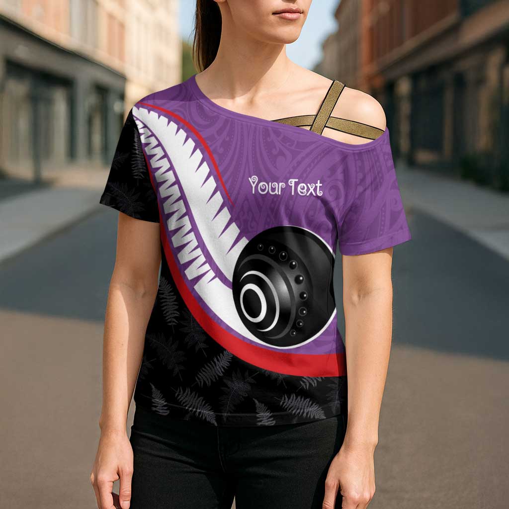 Personalised Aotearoa Lawn Bowls Cross Shoulder Shirt Maori and Silver Fern Sporty Style Purple Color - Aussie Hoodie