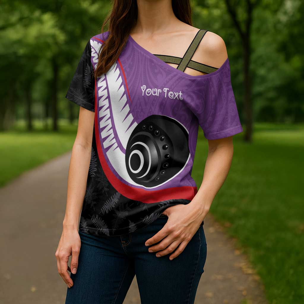 Personalised Aotearoa Lawn Bowls Cross Shoulder Shirt Maori and Silver Fern Sporty Style Purple Color - Aussie Hoodie