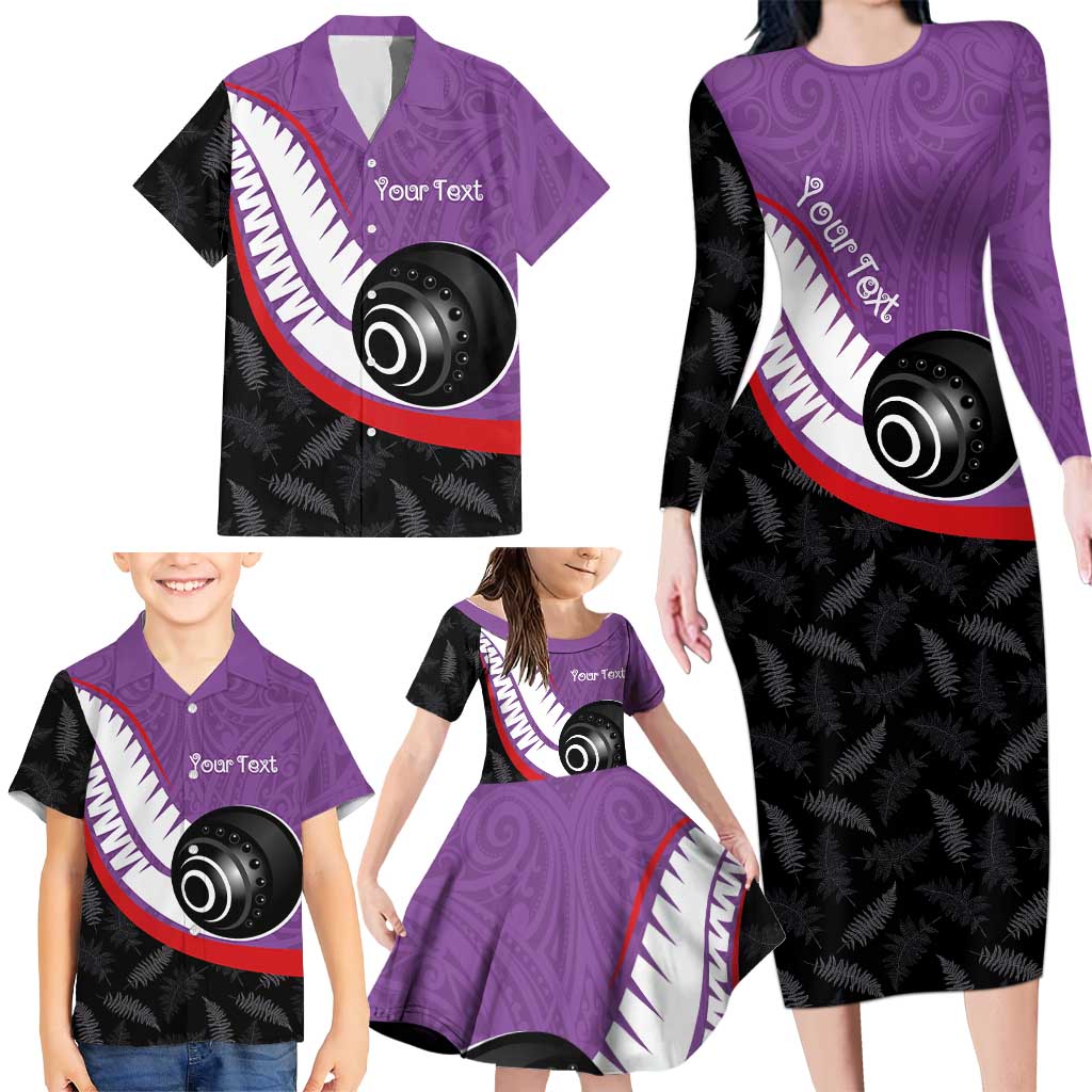 Personalised Aotearoa Lawn Bowls Family Matching Long Sleeve Bodycon Dress and Hawaiian Shirt Maori and Silver Fern Sporty Style Purple Color - Aussie Hoodie