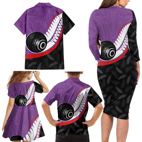 Personalised Aotearoa Lawn Bowls Family Matching Long Sleeve Bodycon Dress and Hawaiian Shirt Maori and Silver Fern Sporty Style Purple Color - Aussie Hoodie