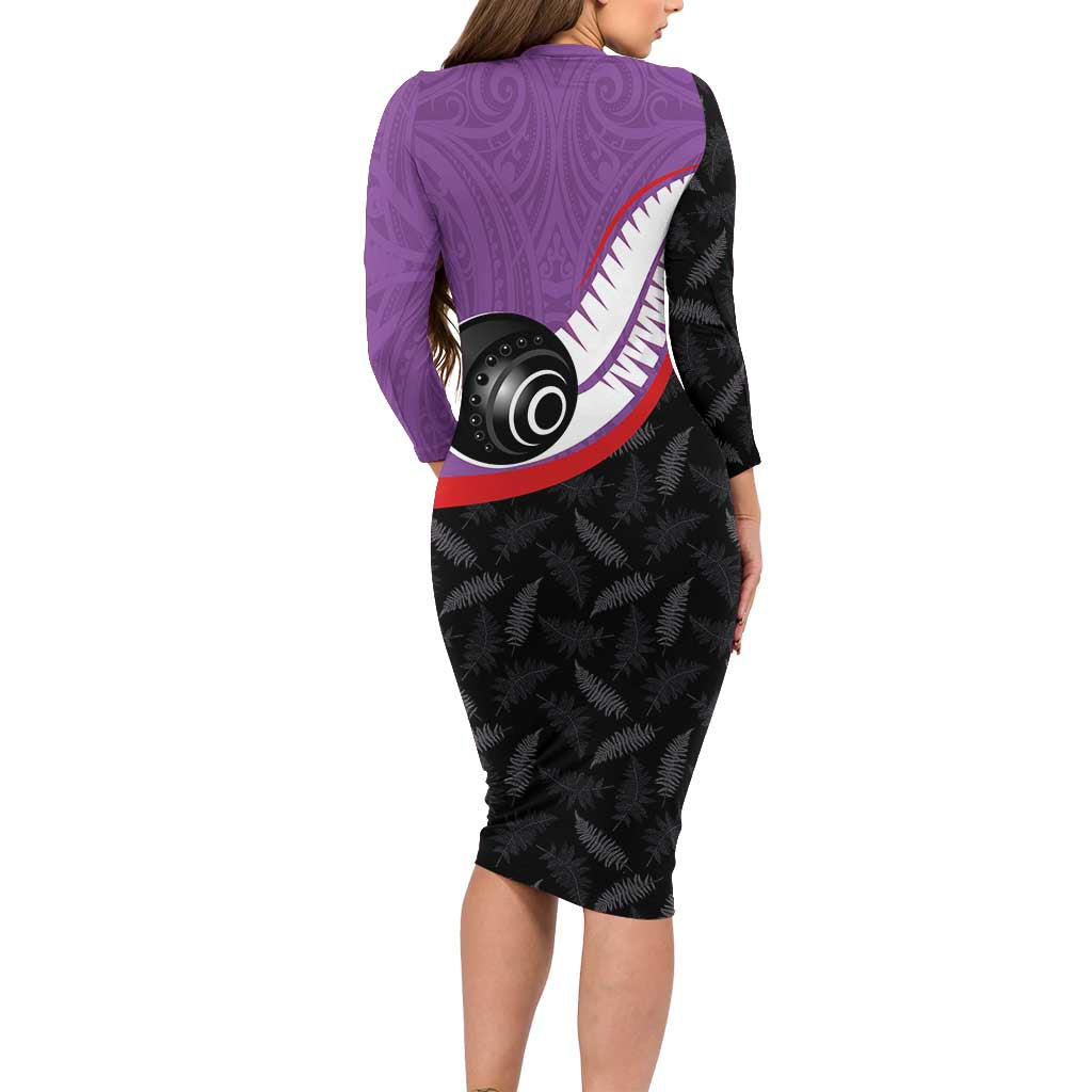 Personalised Aotearoa Lawn Bowls Family Matching Long Sleeve Bodycon Dress and Hawaiian Shirt Maori and Silver Fern Sporty Style Purple Color - Aussie Hoodie