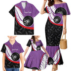 Personalised Aotearoa Lawn Bowls Family Matching Mermaid Dress and Hawaiian Shirt Maori and Silver Fern Sporty Style Purple Color - Aussie Hoodie