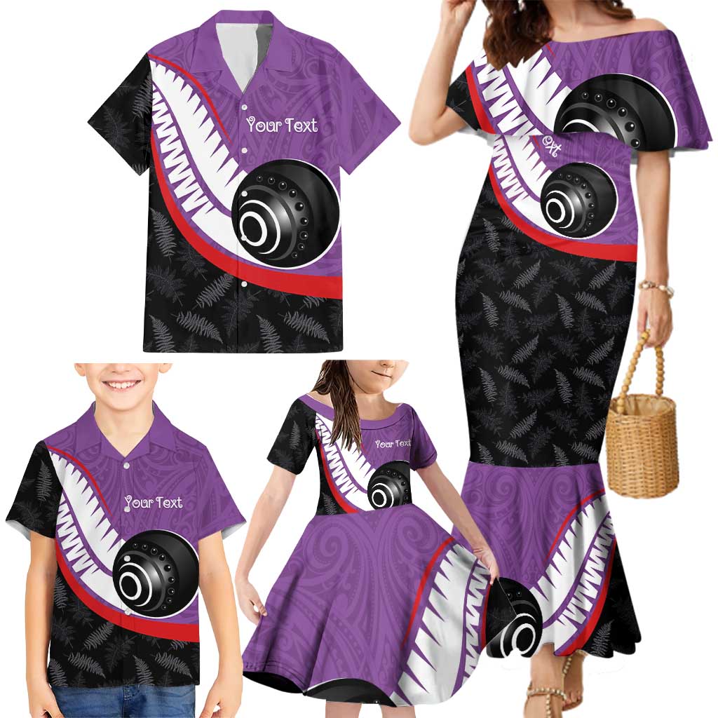 Personalised Aotearoa Lawn Bowls Family Matching Mermaid Dress and Hawaiian Shirt Maori and Silver Fern Sporty Style Purple Color - Aussie Hoodie