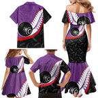 Personalised Aotearoa Lawn Bowls Family Matching Mermaid Dress and Hawaiian Shirt Maori and Silver Fern Sporty Style Purple Color - Aussie Hoodie