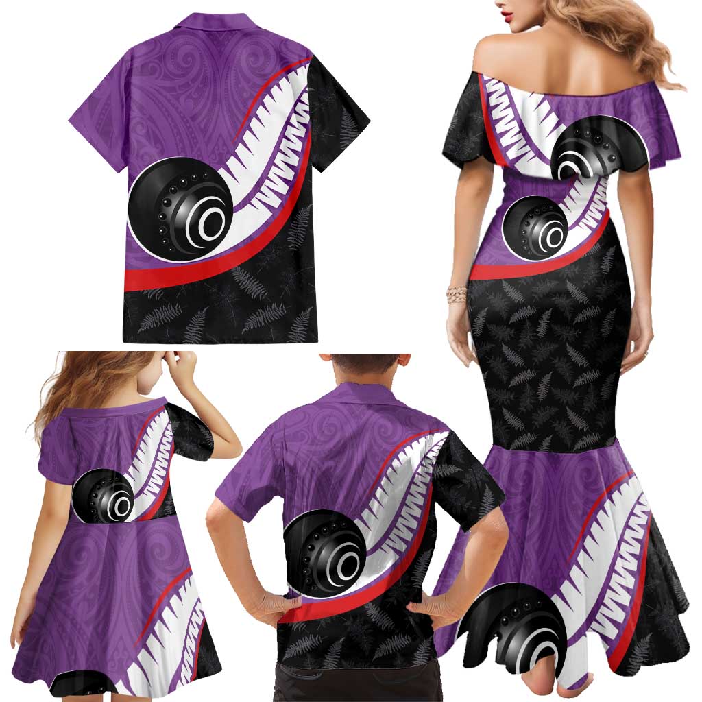 Personalised Aotearoa Lawn Bowls Family Matching Mermaid Dress and Hawaiian Shirt Maori and Silver Fern Sporty Style Purple Color - Aussie Hoodie