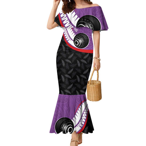 Personalised Aotearoa Lawn Bowls Family Matching Mermaid Dress and Hawaiian Shirt Maori and Silver Fern Sporty Style Purple Color - Aussie Hoodie