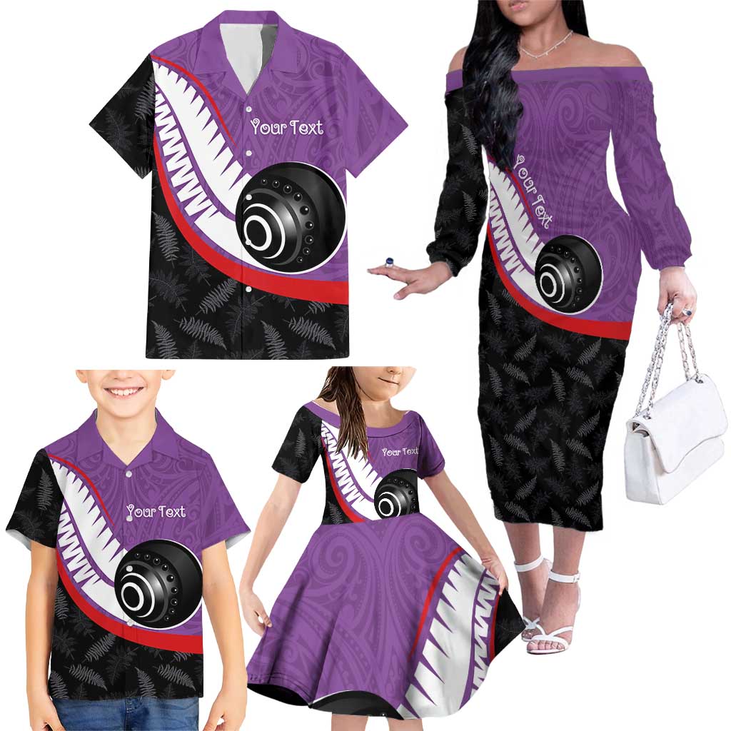 Personalised Aotearoa Lawn Bowls Family Matching Off The Shoulder Long Sleeve Dress and Hawaiian Shirt Maori and Silver Fern Sporty Style Purple Color - Aussie Hoodie