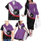 Personalised Aotearoa Lawn Bowls Family Matching Off The Shoulder Long Sleeve Dress and Hawaiian Shirt Maori and Silver Fern Sporty Style Purple Color - Aussie Hoodie