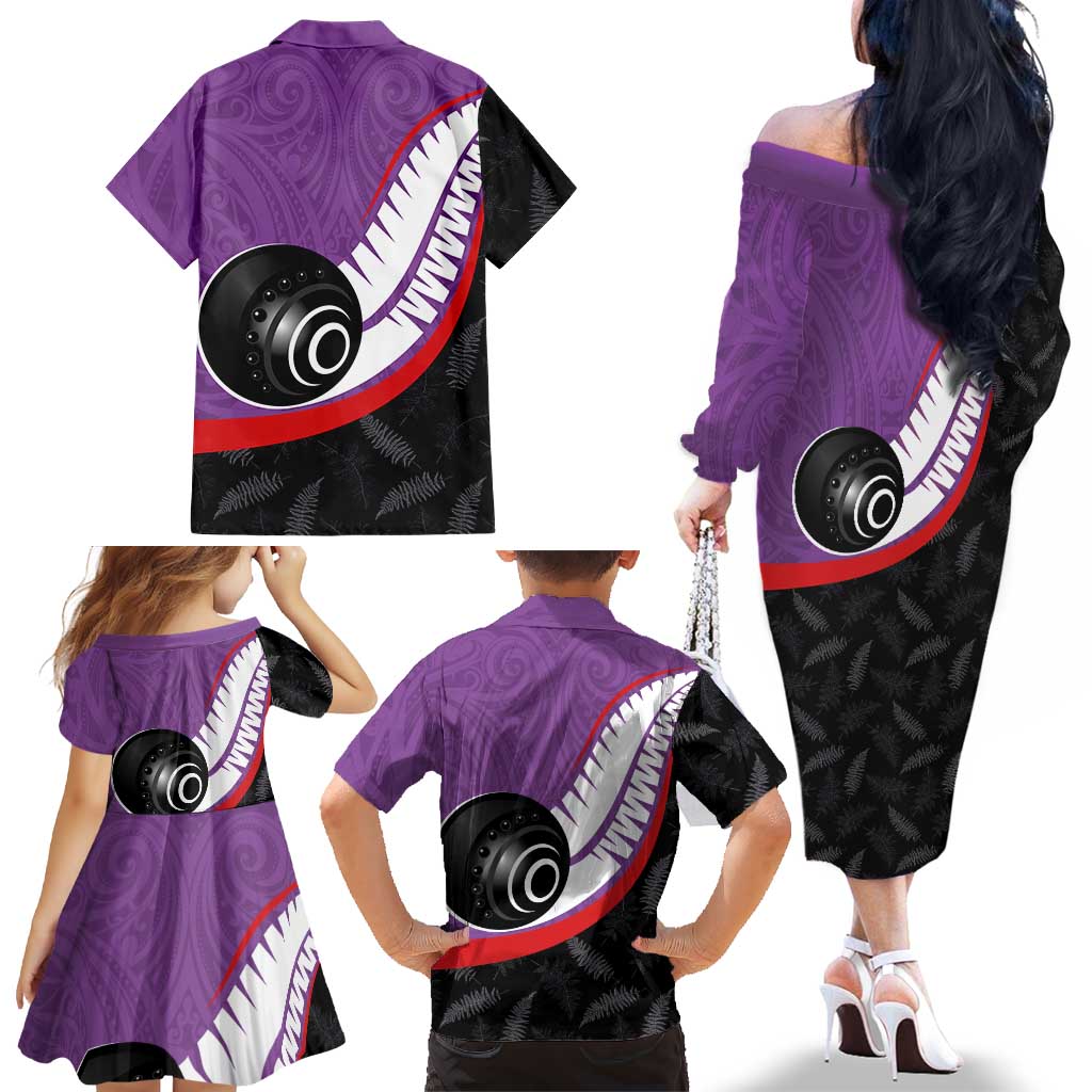 Personalised Aotearoa Lawn Bowls Family Matching Off The Shoulder Long Sleeve Dress and Hawaiian Shirt Maori and Silver Fern Sporty Style Purple Color - Aussie Hoodie