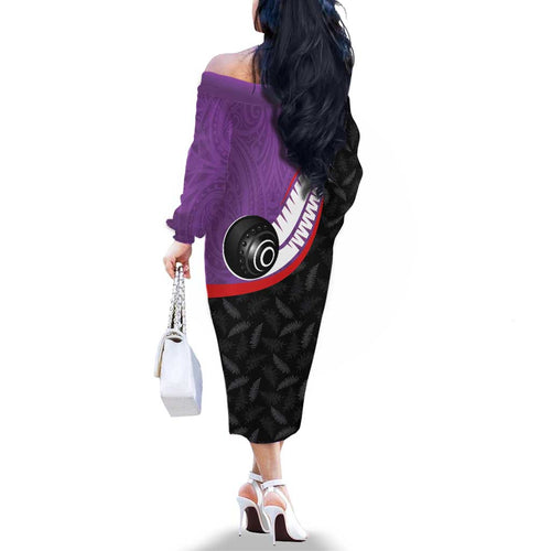 Personalised Aotearoa Lawn Bowls Family Matching Off The Shoulder Long Sleeve Dress and Hawaiian Shirt Maori and Silver Fern Sporty Style Purple Color - Aussie Hoodie