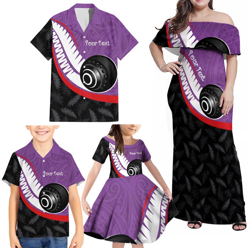 Personalised Aotearoa Lawn Bowls Family Matching Off Shoulder Maxi Dress and Hawaiian Shirt Maori and Silver Fern Sporty Style Purple Color - Aussie Hoodie
