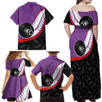 Personalised Aotearoa Lawn Bowls Family Matching Off Shoulder Maxi Dress and Hawaiian Shirt Maori and Silver Fern Sporty Style Purple Color - Aussie Hoodie