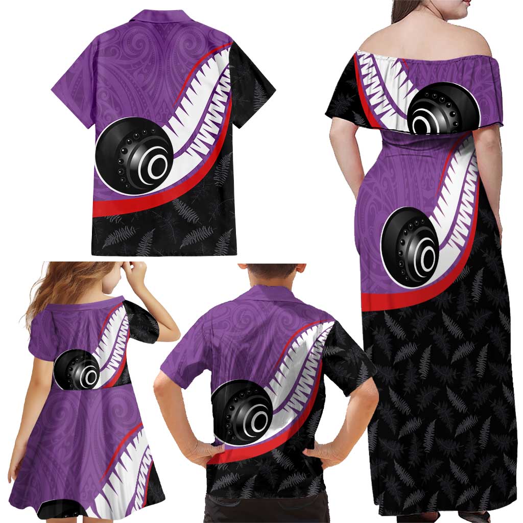 Personalised Aotearoa Lawn Bowls Family Matching Off Shoulder Maxi Dress and Hawaiian Shirt Maori and Silver Fern Sporty Style Purple Color - Aussie Hoodie
