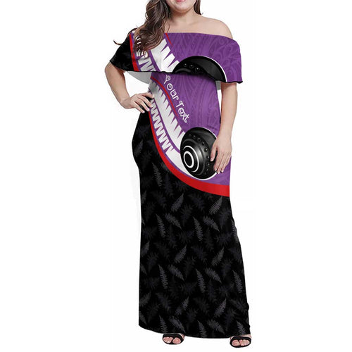 Personalised Aotearoa Lawn Bowls Family Matching Off Shoulder Maxi Dress and Hawaiian Shirt Maori and Silver Fern Sporty Style Purple Color - Aussie Hoodie