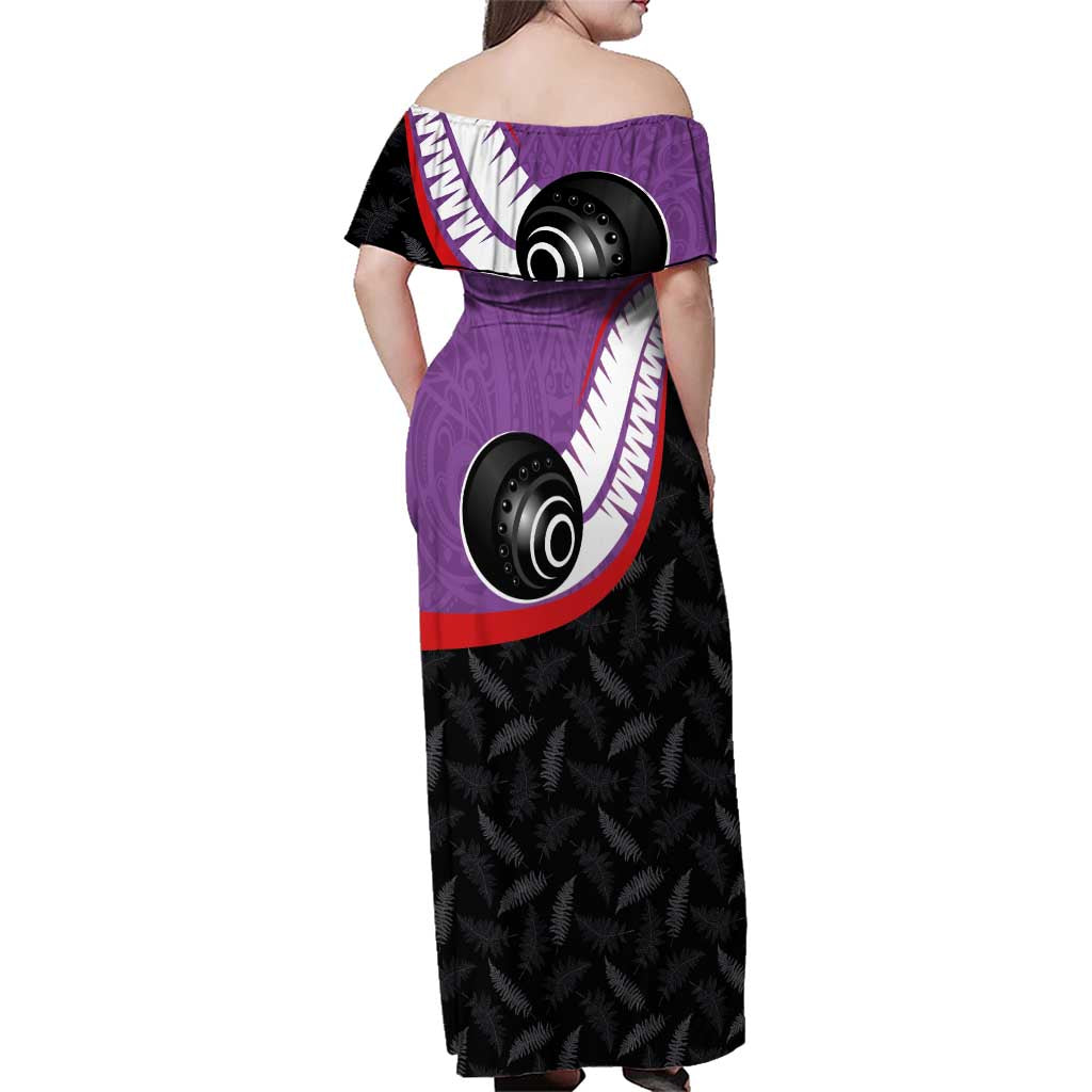 Personalised Aotearoa Lawn Bowls Family Matching Off Shoulder Maxi Dress and Hawaiian Shirt Maori and Silver Fern Sporty Style Purple Color - Aussie Hoodie