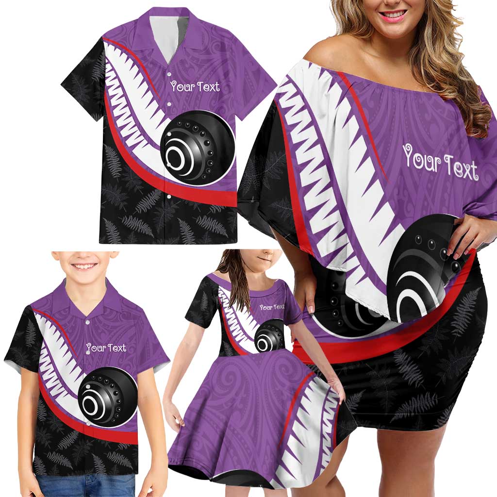 Personalised Aotearoa Lawn Bowls Family Matching Off Shoulder Short Dress and Hawaiian Shirt Maori and Silver Fern Sporty Style Purple Color - Aussie Hoodie