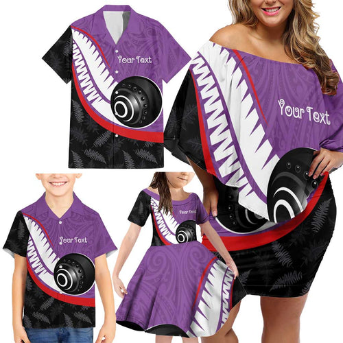 Personalised Aotearoa Lawn Bowls Family Matching Off Shoulder Short Dress and Hawaiian Shirt Maori and Silver Fern Sporty Style Purple Color - Aussie Hoodie