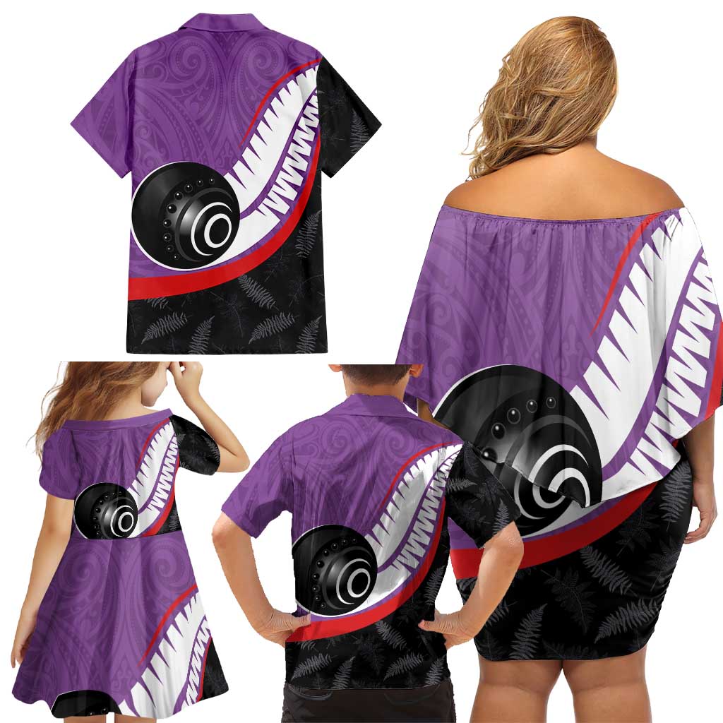 Personalised Aotearoa Lawn Bowls Family Matching Off Shoulder Short Dress and Hawaiian Shirt Maori and Silver Fern Sporty Style Purple Color - Aussie Hoodie